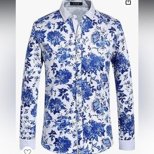 SSLR Mens Floral Long Sleeve Blue Hawaiian Shirt💙 2 XL